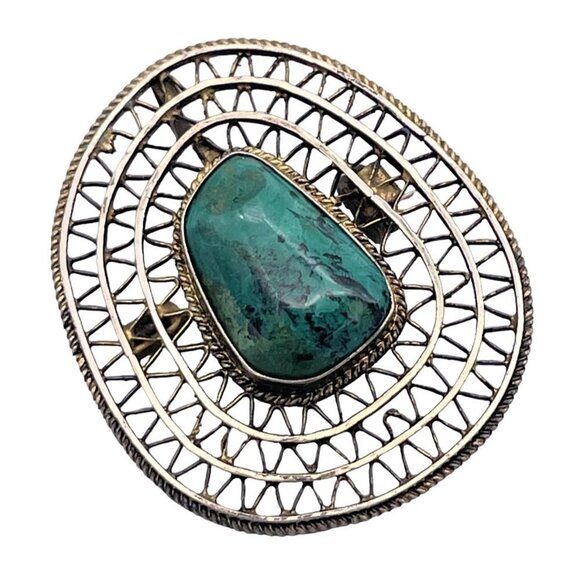 925 Sterling Silver Israel Filigree Turquoise Brooch Pin - Picture 1 of 10